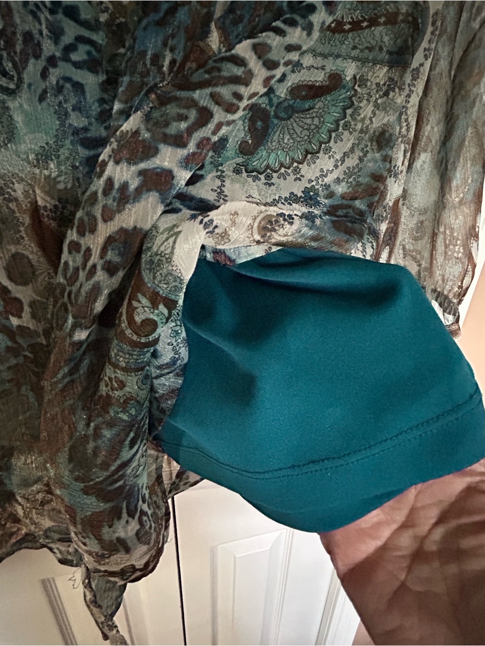 Dressbarn Sheer Paisley-Print Tunic Blouse in Teal and Brown - Picture 7 of 9